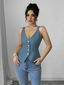 Camiseta de tirantes gruesos de un solo pecho de unicolor casual para mujer - Azul - Ver 5