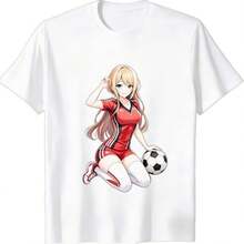 Camiseta informal de algodón de manga corta para mujer con estampado de chica de fútbol de anime, cuello redondo, corte regular, estilo deportivo. - Blanco - Ver 1