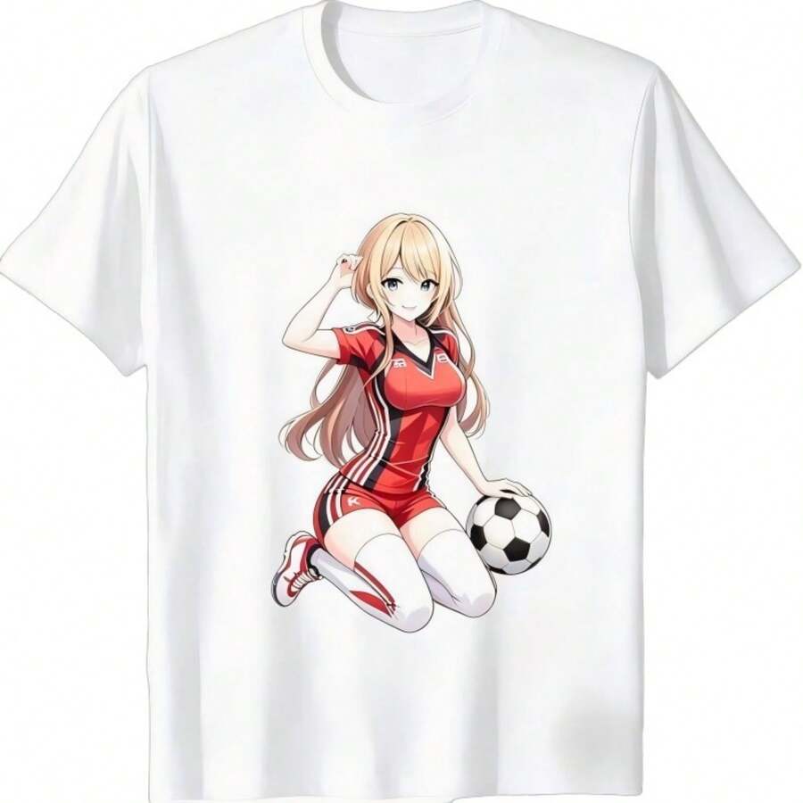 Camiseta informal de algodón de manga corta para mujer con estampado de chica de fútbol de anime, cuello redondo, corte regular, estilo deportivo. - Blanco - Ver 1