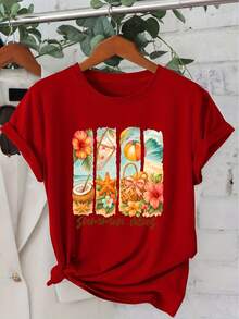 Women's Short Sleeve Series "Summer Vibes" Tropical Beach Style Summer Print Round Neck Casual Daily Fashion Vintage Style Autumn Winter Casual Cool Cute Elegant Sports Top Round Neck Sizes S-XXL - [紅色的] - 查看 6