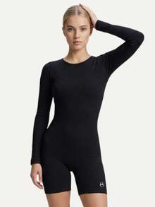 Mono deportivo con espalda descubierta y broche, mono de manga larga para fitness, textura acanalada, adecuado para entrenamiento - Negro - Ver 6