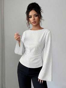 Blusa de manga larga con rayas y pliegues en la espalda para mujer - Blanco - Ver 7