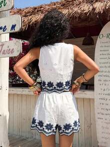 Conjunto casual de 2 piezas de top corto sin mangas con cordones delanteros y shorts para mujer en beige - Blanco 2 - Ver 2
