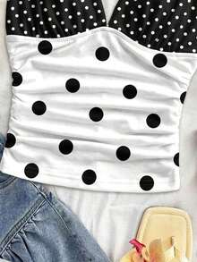 Camiseta de mujer elegante para vacaciones, de tela de punto a lunares, con tirantes retorcidos y fruncidos, de ajuste ceñido, adecuada para vacaciones, citas, té de la tarde, playa, crucero, viaje a la ciudad, vacaciones en la isla, festival de música, vacaciones bohemias, se puede usar por dentro o por fuera - Multicolor - Ver 3