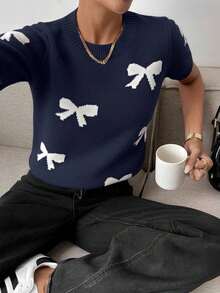 Blusa de punto casual de cuello redondo, manga larga, con detalle de lazo - Azul marino - Ver 1
