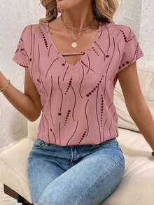 Blusa de mujer con detalles de rayas de contraste y calados, top de manga corta - Rosa 2 - Ver 8