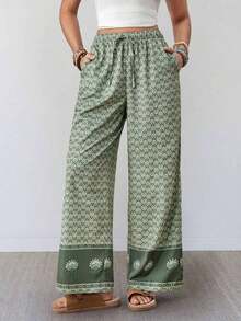Pantalones anchos de pierna ancha de satén negro de larga duración con ajuste cómodo para mujeres, pantalones de satén negro, pantalones de seda para mujeres, pantalones de satén negro, pantalones de seda negra, pantalones casuales para mujeres - Verde - Ver 8