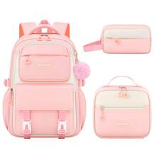 3pcs Set: Backpack + Handbag + Pouch, Colorblock School Style, Pom Pom Decor, Multi-Compartment, Large Capacity, Suitable For Daily Commute And Travel - Sets - View 10