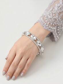 1 chiếc vòng tay mạ bạc đính đá Marquise, vòng tay hở đính pha lê cho đám cưới/tiệc tùng/cô dâu, trang sức sang trọng nổi bật. - Bạc - Xem 7