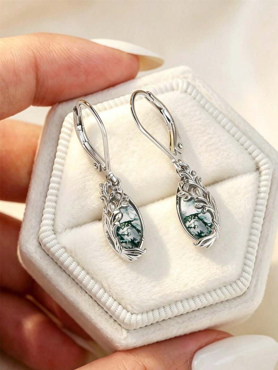 High-End Elegant Pure Silver Malachite Green Water Grass Agate Tree Of Life Pendant Earrings, Gift For Women On Dates, Parties Or Birthdays - Green - View 1