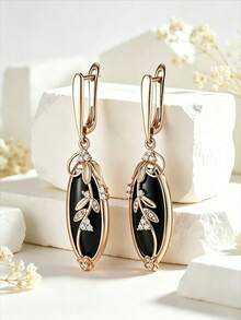 1pair Vintage Black Stone Drop Earrings For Women Fashion Gold Color Leaf Zirconia Inlaid Earrings Elegant Jewelry For Wedding Party Fine Daily Jewelry - Earrings - View 1