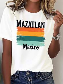Camiseta de mujer con diseño de Mazatlán, México - 100% cómoda para vacaciones informales y uso diario, con la palabra "Mazatlán México" y los colores de la bandera - Prenda de recuerdo mexicana para todas las estaciones - Diseño de patrón geométrico, lavable a máquina, corte holgado, rayas de colores brillantes verde/naranja/azul/amarillo/rojo/blanco, cuello redondo, manga corta, ligera y transpirable, adecuada para viajes y salidas informales. - Blanco - Ver 7