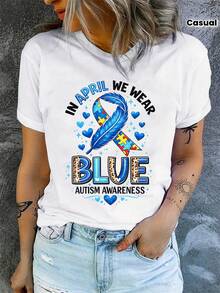 We Use Blue Printed T-Shirts To Promote Autism Awareness, Casual Short-Sleeved Crew Neck T-Shirts, Women's Clothing. - 白色 - 查看 7