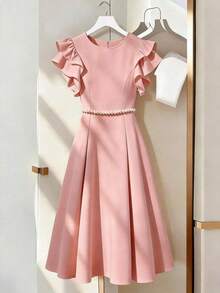 Vestido de línea A con decoración de cadena de perlas y mangas acampanadas, adecuado para salidas diarias, citas, fiestas, graduaciones, vacaciones y el Día de San Valentín - Burdeos - Ver 1