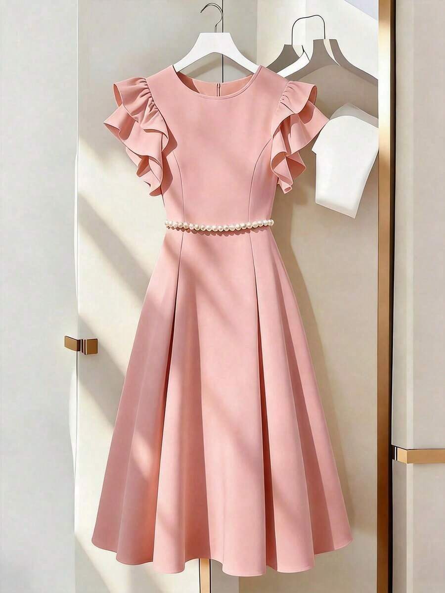 Vestido de línea A con decoración de cadena de perlas y mangas acampanadas, adecuado para salidas diarias, citas, fiestas, graduaciones, vacaciones y el Día de San Valentín - Burdeos - Ver 1