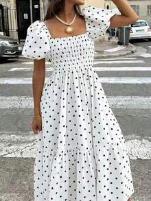 2026 Women's White Spring/Summer Dress With Puff Sleeves, Ruffled Hem And Pleats, Elegant And Versatile Bohemian Style, Suitable For Festivals, Casual Wear, Elegant Dresses, Concerts, Holidays And Summer Dresses - 黑色 - 查看 9