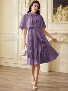 Conjunto elegante vintage clásico de 2 piezas para mujer con capa y mantón de primavera y verano, y vestido con cuello plisado en beige para vacaciones, atuendos de verano para mujer, atuendos casuales de negocios para mujer, atuendos de primavera para mujer, atuendos de profesora para mujer, atuendos de festival para mujer, vestido de Pascua para mujer, ropa de mujer para vacaciones tropicales, vestidos blancos para mujer, vestidos de cumpleaños para mujer, conjuntos de 2 piezas, ropa de iglesia para señoras, vestido de graduación para mujer - Morado - Ver 5