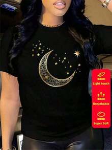 Women's Cotton T-Shirts Women's Short Sleeve T-Shirt, Round Neck, 100% Cotton, Loose Fit, Casual And Versatile Style With Modern Print. - 黑色 - 查看 1