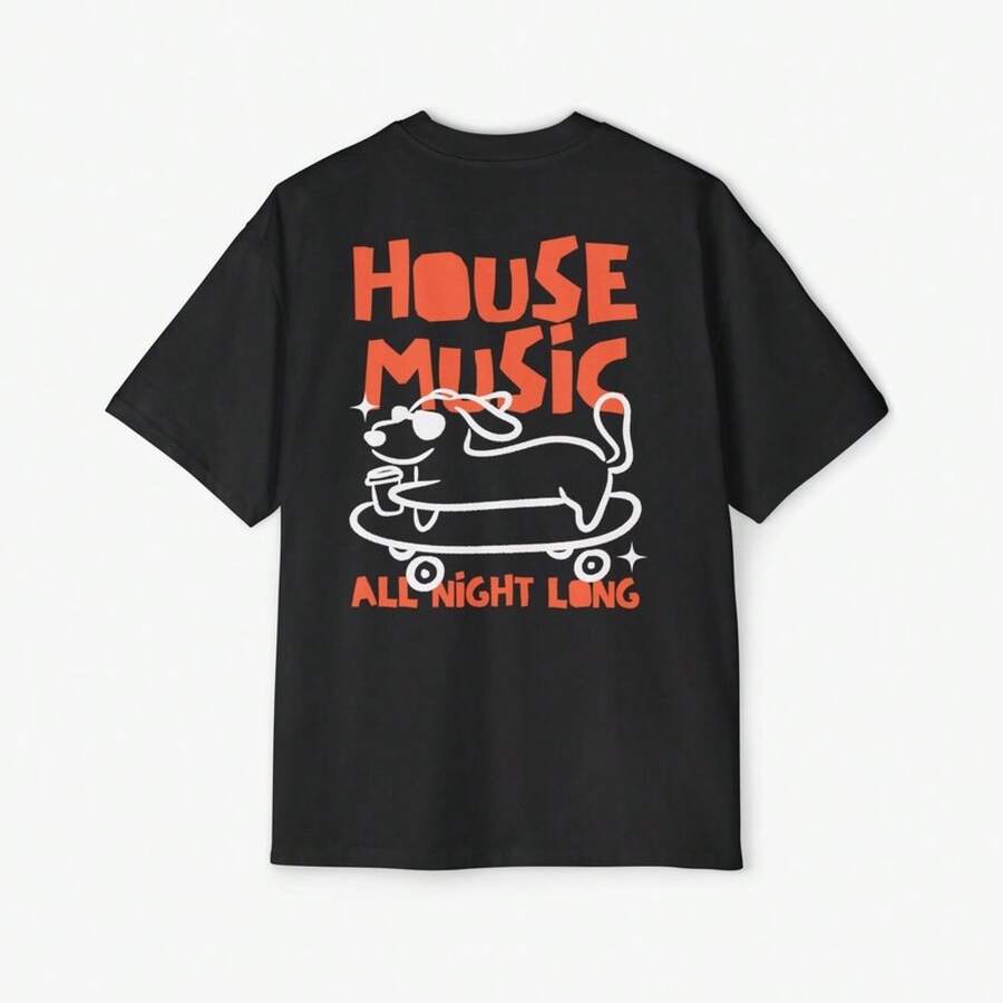 VintageHouse Music Dog Lover Oversized T-Shirt: EDM Rave Festival Outfitsummer Tops - Black - View 1