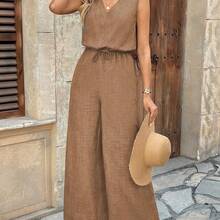 Fengyu Women's Clothing Store  Mono sin mangas de cuello en V para mujer con bolsillos, pierna ancha, tela texturizada, estilo vacacional - Marrón - Ver 7