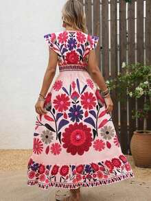 New Autumn Lightweight V-Neck All-Over Cute Leaf & Floral Print Bohemian Casual Pleated Ruffle Hem Waist Splice Maxi Dress, Suitable For Music Festivals, Women's Holidays, Country Music Concerts, Graduation, Parties, Back To School, Teacher's Day, Halloween, Christmas Vacation Summer Elegant - 粉色 - 查看 3