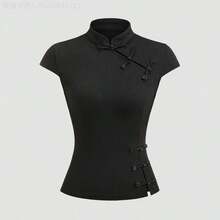 MewMuse.  Camiseta ajustada con cuello Mao, diseño de botones y abertura, de estilo chino retro y moderno para mujer - Negro - Ver 2