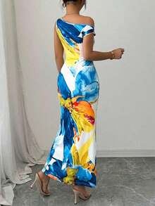 1 pieza Vestido ajustado con estampado floral y cintura ceñida en el hombro oblicuo - Azul - Ver 2