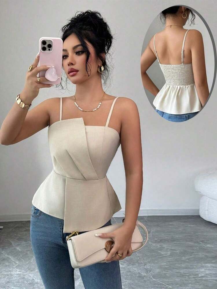 Camiseta de mujer elegante de unicolor con pliegues, cintura fruncida y asimétrica, ajustada, estilosa para uso casual, de fiesta y reuniones - Albaricoque - Añade 1