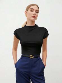 Camiseta de mujer de unicolor con cuello alto y mangas cortas tipo murciélago, casual de negocios para mujeres, uniforme de maestro, ropa de oficina, escuela, top básico, estilo vintage - Negro - Ver 1