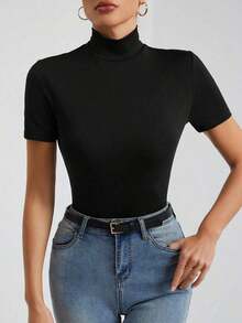 Tall Camiseta básica de unicolor negro de cuello alto con mangas cortas para mujer - Negro - Ver 5