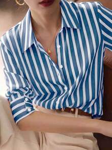 New Loose Long Sleeve Women Shirt, Solid Color Button-Up Blouse - Royal Blue - View 5