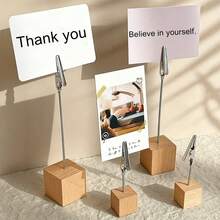 1/5/10pcs Cube Base Memo Clip Holder With Alligator Clip Wood Table Number Holder Cube Base Place Card Stand Mini Photo Menu Stand For Displaying Number Card For Wedding Table - A - View 8