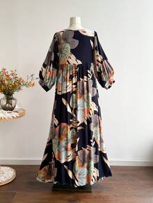 Rusttydustty Đầm maxi nữ in hoa dáng rộng, phong cách bohemian đi biển, mang hơi hướng khu nghỉ dưỡng nhiệt đới, thanh lịch. - Màu xanh hải quân - Xem 3