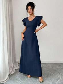 Vestido de mujer de unicolor con cuello en V, mangas cortas y cintura ceñida, de tela texturizada - Azul marino - Ver 5