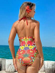 Conjunto de 2 piezas: Traje de baño de una pieza 2025 con cuello en V, volantes, espalda descubierta, tirantes de espagueti y estampado completo + Falda pareo a juego con estampado, estilo de playa, vacaciones y resort de verano - Multicolor 2 - Ver 6
