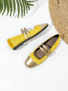 Square Toe Mary Jane Shoes, Gold Patchwork, Double Strap, School Uniform Shoes, Versatile All Season Plus Size Loafers - Yellow - View 5