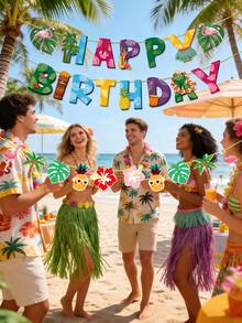 3 sets - Guirlande d'anniversaire de style hawaïen, bannière Joyeux Anniversaire avec flamant rose, feuille de palmier et éléments Aloha, style de fête d'été tropicale. Convient pour la décoration d'anniversaire à thème hawaïen, la célébration d'été à la plage et la décoration suspendue de fête intérieure/extérieure - A - Voir 7