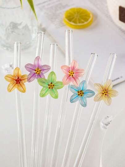 1 chiếc ống hút cong tái sử dụng. Bộ 6 ống hút thủy tinh hình hoa nhiều màu, hoàn hảo cho sinh tố, cocktail, trà sữa trân châu, nước ngọt, đồ uống mùa hè, tiệc bể bơi, bãi biển. Món quà tuyệt vời cho Giáng sinh, sinh nhật, tốt nghiệp, tựu trường, Ngày Valentine. Vật dụng cần thiết trong nhà bếp, đạo cụ chụp ảnh.