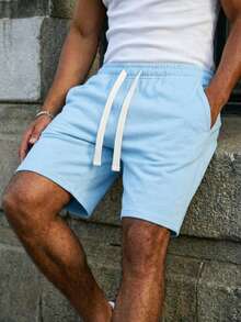 Men's Casual Drawstring Waist Knit Shorts, Suitable As Father's Day Gift, Available In Multiple Colors, Lightweight And Breathable Summer Shorts - Blue - View 3