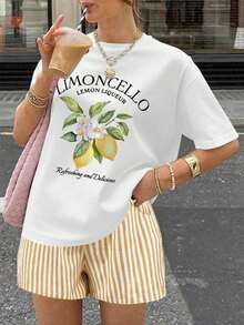 A Women's Short-Sleeve Tee With A Retro American Style, Featuring A Relaxed Fit And A Printed Design (Pants Are For Styling Suggestions Only). This Simple Yet Stylish Piece Features A Tropical-Themed Printed Letter Pattern, Making It A Must-Have For Creating A Laid-Back Holiday Look, Perfect For Occasions Like Labor Day And Mexican Independence Day. - 白色 - 查看 7