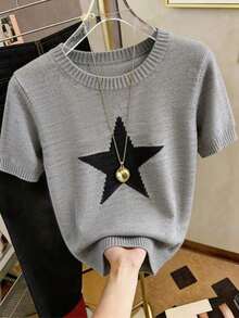 Nueva llegada Primavera/Verano Estilo coreano Casual Suelta Personalizada Blusa de punto de mujer a rayas de color contrastante - Gris - Ver 10