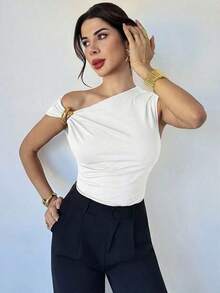 Camiseta casual y elegante con estampado floral en tie-dye marrón, hombro asimétrico y decoración metálica - Blusa vintage chic para salidas, fiestas, ir al trabajo, vacaciones en la Riviera francesa, invitada de boda, citas, cócteles, eventos for - Blanco 5 - Ver 3