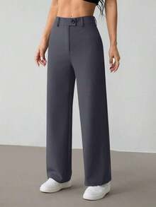 Pantalones rectos casuales de mujer de unicolor con cinturón - Gris Oscuro - Ver 7