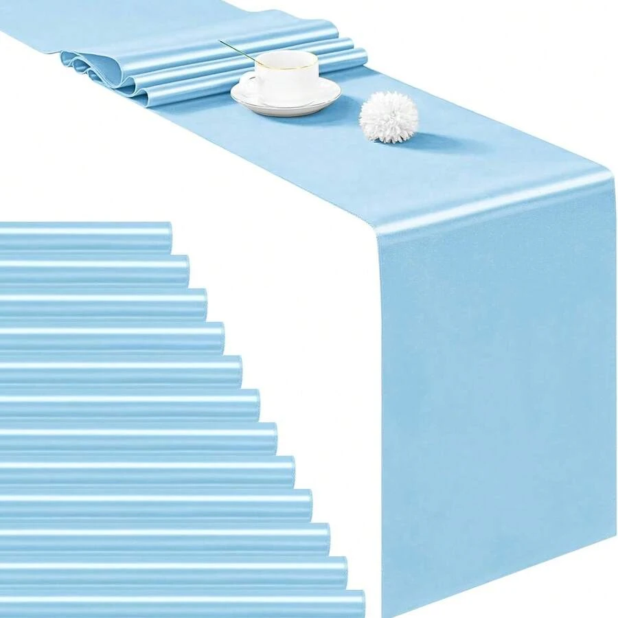 10er Set Hellblau, Blau, Salbeigrün Satin Tischläufer und Stuhlschleife, einfarbige seidige Hochzeits-Tischdekoration, 11 X 108 Zoll rechteckiger Tischläufer, kann als Stuhlschleife verwendet werden, geeignet für Geburtstagsfeier, Bankett, Abschlussfeier, Verlobung und Feiertagsdekoration. - Babyblau - Übersicht 1
