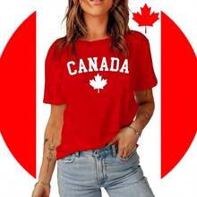 New Women's Summer Casual T-Shirt, Cotton, With Canadian Flag And Heart Print, Short Sleeve, Round Neck, Drop Shoulder, Cute Summer T-Shirt With Slightly Stretchy Fabric - Vintage Urban Style, Unisex, Loose Fit, Cotton, Short Sleeve, Round Neck. - 紅色2 - 查看 3