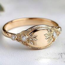 Elegant Vintage Palace Style Carved Leaf Zirconia 18K Gold Plated French Seal Ring For Women, For Her - Gold - View 1