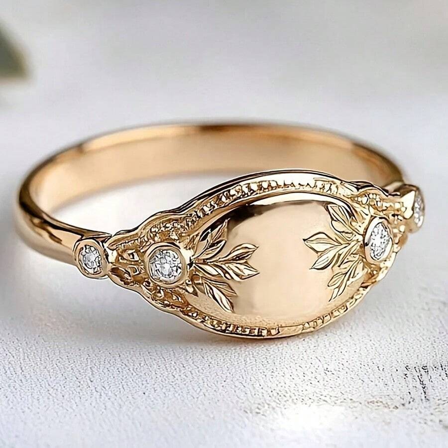 Elegant Vintage Palace Style Carved Leaf Zirconia 18K Gold Plated French Seal Ring For Women, For Her - Gold - View 1