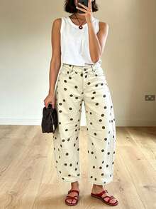 Moda femenina Polka jeans de piernas anchas con lunares, pantalones de barril sueltos en la cintura media, pantalones vaqueros estéticos y casuales y2k, adecuados para el uso diario en la calle - marrón café - Ver 5
