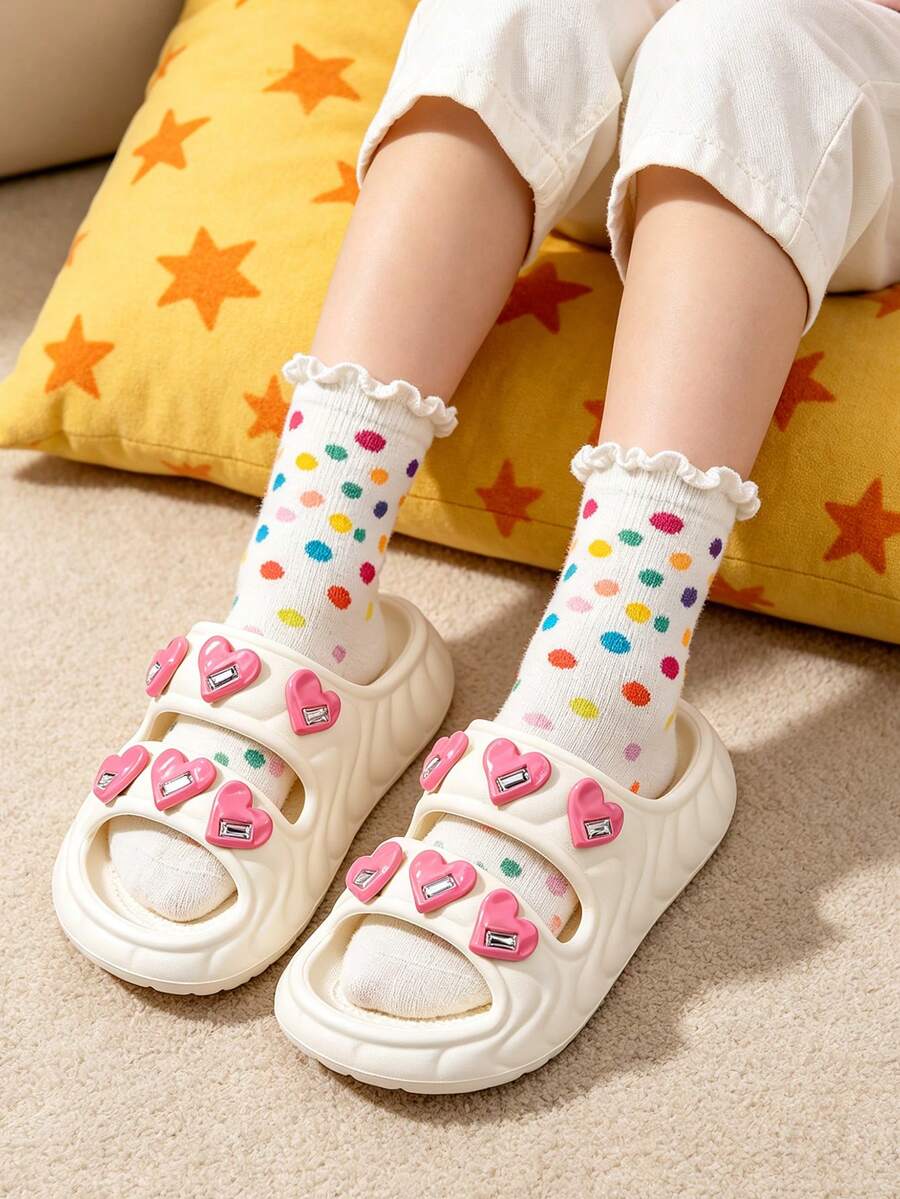 Girls' EVA Thick Sole Beige Sandals, Comfortable Lightweight Heart Rhinestone Home Slippers For Summer - Beige - View 1