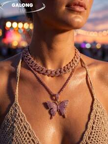 Rhinestone Butterfly Necklace, Personalized Cuban Chain Layered Choker, Sweet & Spicy Y2K Accessory, Music Festival Outfit Necklace - Rose Gold - View 2